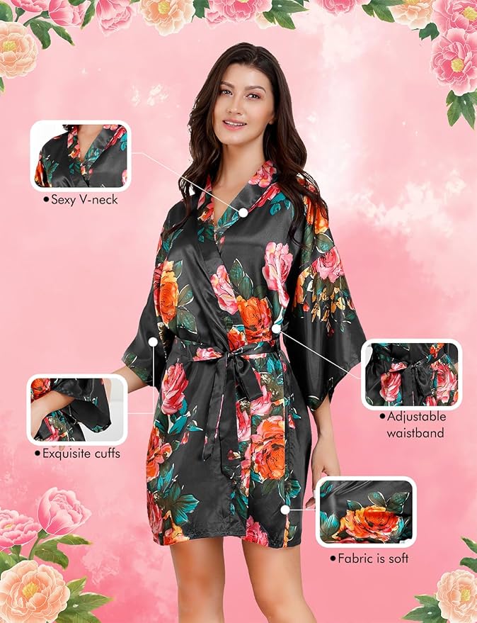 EPLAZA Silk Robes for Women Satin Robe Short Sexy Print Flower Kimono Loungewear Wedding Bridal Party