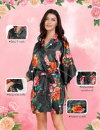 EPLAZA Silk Robes for Women Satin Robe Short Sexy Print Flower Kimono Loungewear Wedding Bridal Party