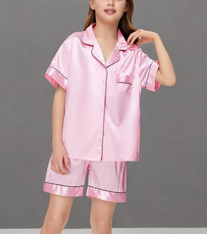 EPLAZA Kids Satin Pajamas Sets Girls Boys Button-Down Silky Pajamas Sleepwear with Hairband Eye Mask Hair Tie