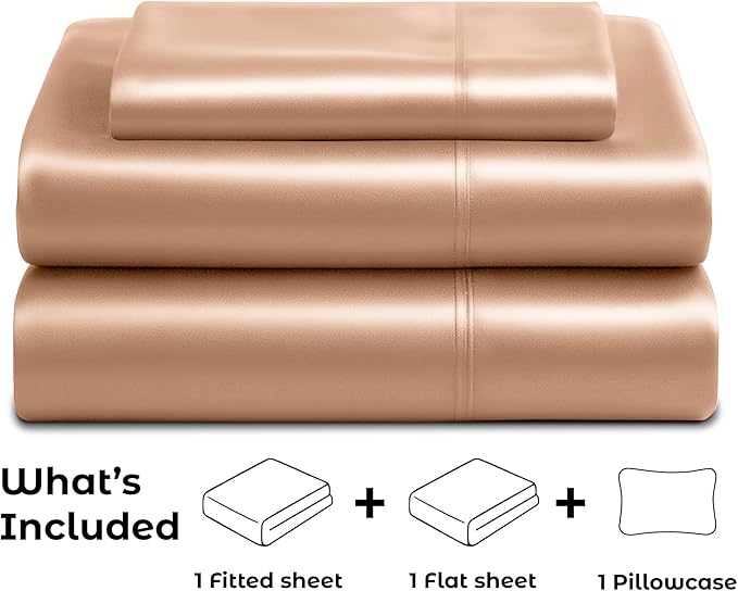Satin Sheets Twin [3-Piece, Rose Gold] Hotel Luxury Silky Bed Sheets - Extra Soft 1800 Microfiber Sheet Set, Wrinkle, Fade, Stain Resistant - Deep Pocket Fitted Sheet, Flat Sheet, Pillow Cases