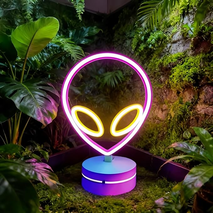 Alien Neon Sign Lamp Lamp Dimmable LED with Standable Base and Touchable Switch,USB or 3-AA Battery Powered Neon Signs LED Desktop Wall Decoration for Party, Bedroom ，Birthday Christmas Gift