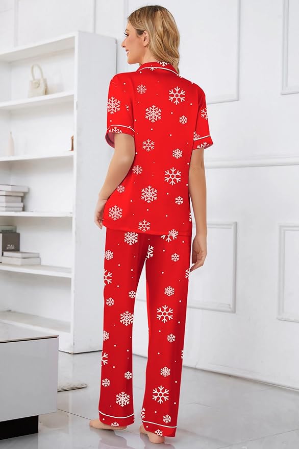 Umeyda Girls Womens Pajamas Set, Satin Silky Button Down Loungewear 2 Piece Short Sleeve Pants PJS Sets for Mommy Kids