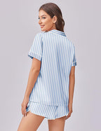 Ekouaer Womens Silk Satin Pajama Set Print Short Sleeve Sleepwear Button Down Pjs Shorts Set Loungewear