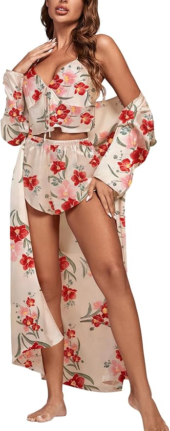 OPOIPIN Women's 3 Piece Pajama Set Sexy Cami Top and Shorts with Robe Sleepwear Loungewear Set