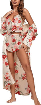 OPOIPIN Women's 3 Piece Pajama Set Sexy Cami Top and Shorts with Robe Sleepwear Loungewear Set