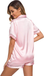 SWOMOG Womens Silk Satin Pajamas Set Short Sleeve Sleepwear Button Down Top and Shorts Loungewear 2 Piece Pjs Set XS-3XL