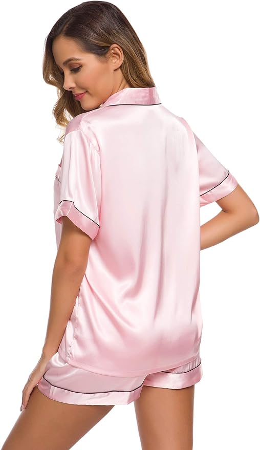 SWOMOG Womens Silk Satin Pajamas Set Short Sleeve Sleepwear Button Down Top and Shorts Loungewear 2 Piece Pjs Set XS-3XL