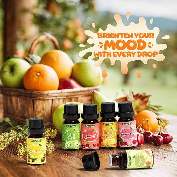 SALKING Fruity Fragrance Essential Oils Set, Essential Oil Gift Set Scented Oils for Diffuser Candle Making - Pineapple,Guava, Raspberry, Green Apple, Orange, Cherry
