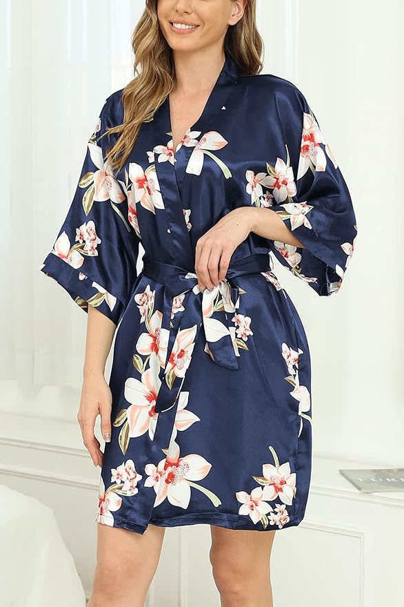 Women's Floral Satin Robes Bride Bridesmaid Getting Ready Robe Short Silky Kimono Sleepwear for Wedding Party