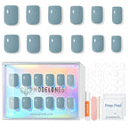 Modelones Steel Blue Press on Nails, Short Square Fake Nails, Reusable Nail Kit with Nail Glue Adhesive Tabs Mini Nail File, Nails Press Ons 32Pcs16 Sizes, Women Girl Gift