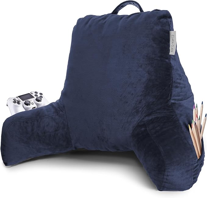 Clara Clark Reading Pillow with Shredded Memory Foam for Sitting Up in Bed and Couch, Back and Arms Adjustable Support for Adults & Teens Backrest Pillows for Reading, with Washable Cover Navy Blue