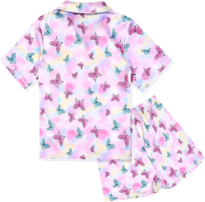QPANCY Kids Satin Pajamas Sets Baby Boy Girl Button-Down Silk Sleepwear 2 Piece Short Sleeve Loungewear Clothes Set