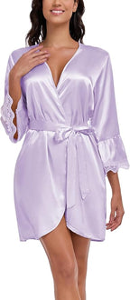 Lace Trim Satin Robes for Women Bride Bridesmaid Silky Kimono Robe Valentines Lingerie with Bell Sleeves