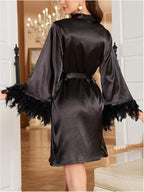 GORGLITTER Women's Satin Kimono Robe Feather Silk Robes Bridal Party Bridesmaid Robes