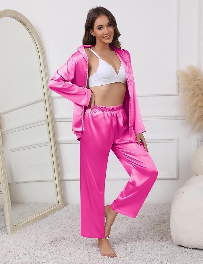 Ekouaer Pajamas For Women Set Silk Pjs 2 Piece Satin Sleepwear Long Sleeve Button Down Lounge Sets With Pant