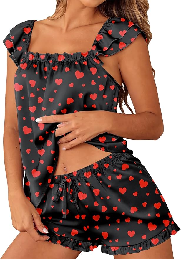 Satin Pajama Set for Women 2 Piece Silk Pjs Ruffle Sleeve Top and Shorts Cute Bridal Sleepwear Set S-XXL