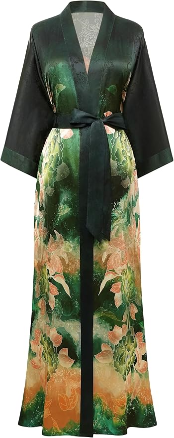 PRODESIGN Kimono Robes for Women - Long Silky Sleepwear Nightgown Bathrobe Floral Dressing Gowns Blouse Bride Bridesmaid Robe