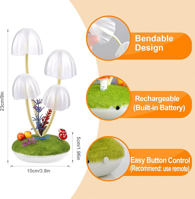StarryEver Mushroom Lamp Cute Night Light, Rechargeable Mushroom Decor Small Table Lamps, Dual-Colors Bedside Lights with Dimmable Remote & Timer, Gift for Kids Teen Girls Bedroom