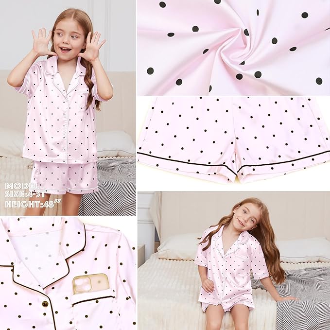 QPANCY Kids Satin Pajamas Sets Baby Boy Girl Button-Down Silk Sleepwear 2 Piece Short Sleeve Loungewear Clothes Set