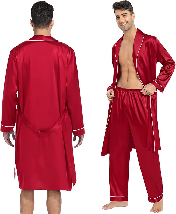 SWOMOG Men's Satin Robe 3 Pcs Silky Kimono Bathrobe Set Lightweight Soft Loungewear Nightwear