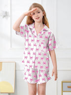 Umeyda Girls & Women Satin Pajamas Set Button Down 2 Piece Silk Pjs Shorts Set Ruffle Sleepwear, 5 Years-Women L