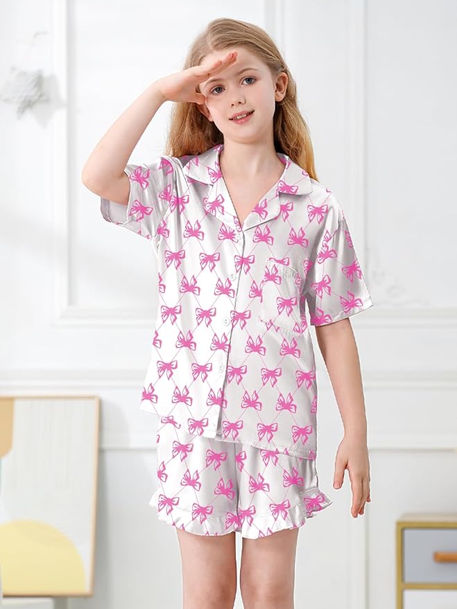 Umeyda Girls & Women Satin Pajamas Set Button Down 2 Piece Silk Pjs Shorts Set Ruffle Sleepwear, 5 Years-Women L