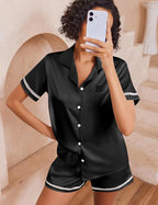 Ekouaer Womens Silk Pajama Sets Button Up Satin Pjs Short Sleeve 2 Piece Pj Sets Cute Lounge Sets with Chest Pocket