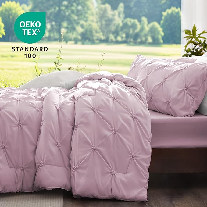 BEDELITE Light Purple Comforter Set Full - 3 Peices Boho Pintuck Bedding Comforter Sets, Lightweight Soft & Warm Twin Bedding Sets with 2 Pillowcase for All Season