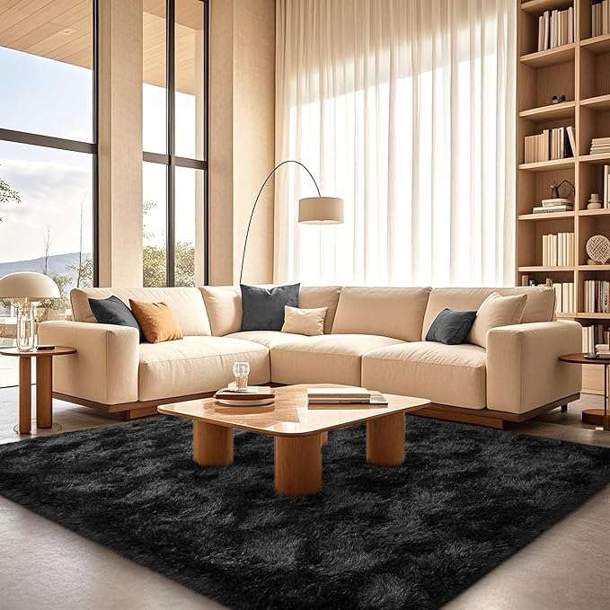Black Rugs for Bedroom 9x12 ft Large - Ultra Soft Faux Fur Area Rug - Plush Non-Slip Shaggy Carpet for Living Room, Cozy Fluffy Rug for Kids Boys Girls Dorm Nursery Room, High Pile Floor Carpet