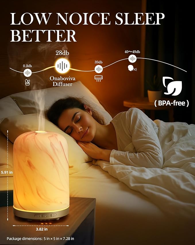 Onaboviva Essential Oil Diffuser - 2.4MHz Ultrasonic Ceramic Diffuser for Home, 120ml, Pulse&Continuous Mist, Bright/Dim/Breathing Lighting, Waterless Auto-Off, Aromatherapy Diffuser with USB Cable