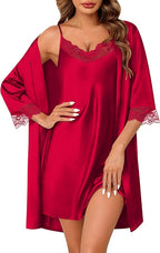 SWOMOG Women's Satin Robe Set 2 Piece Sexy Pajamas Sets Lace Cami Nightgown and Silk Robes Nightwear