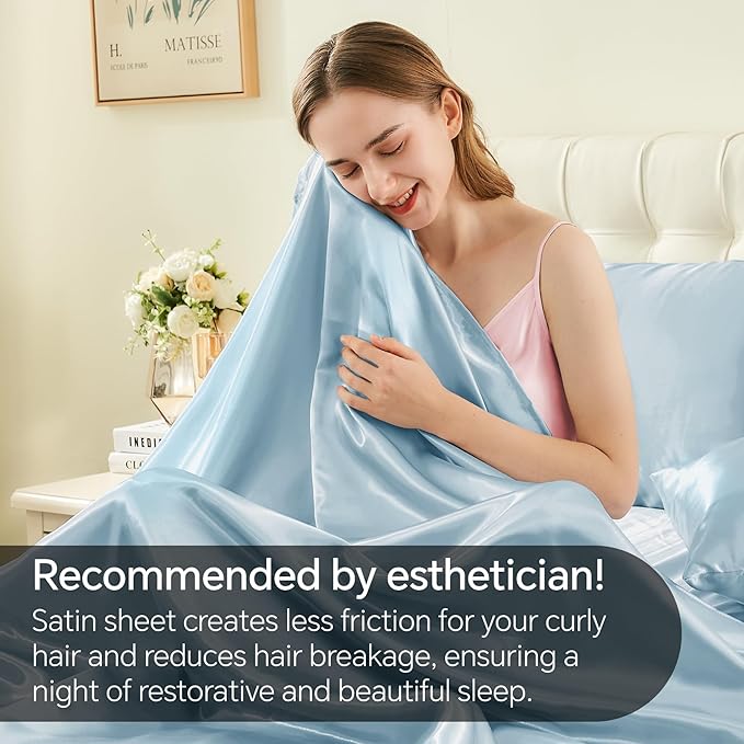 BEDELITE Satin Sheets Twin XL Size Bed Set, Luxury Soft Light Blue Silky Sheets for Hair and Skin, Similar to Silk Bed Sheets Set 3 Pieces （1 Deep Pocket Fitted Sheet, 1 Flat Sheet, and 1 Pillowcase）