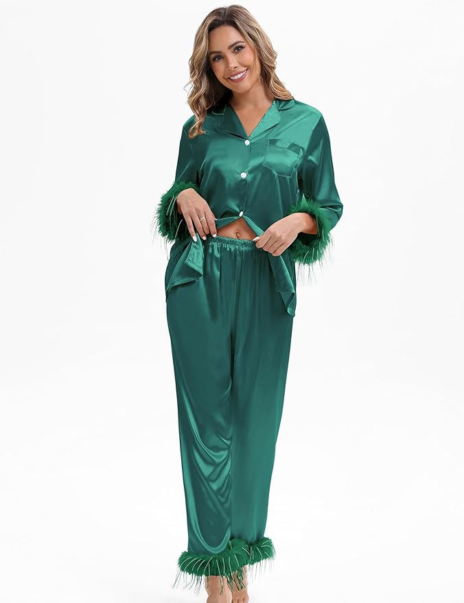 MORFORU Satin Pajama Set for Women Feather Trim Long Sleeve Pjs with Sleep Mask Headband Scrunchie Sleepwear Lounge Set