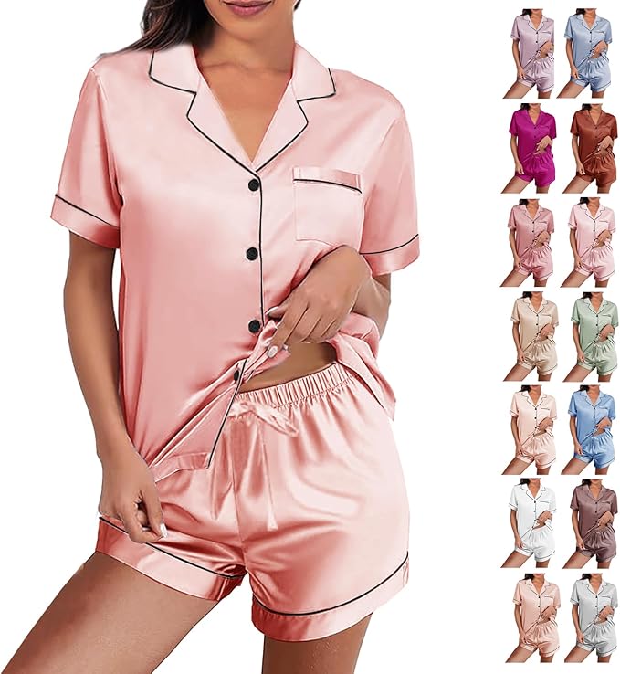 WJing Yi Jia Womens Silk Satin Pajamas Loungewear Two-Piece Sleepwear Button-Down Floral Pj Set XS-4XL