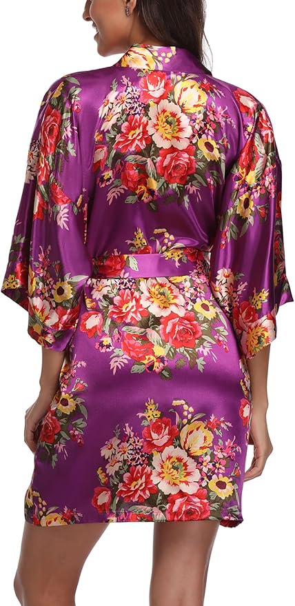 Women's Floral Satin Robes Bride Bridesmaid Getting Ready Robe Short Silky Kimono Sleepwear for Wedding Party