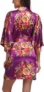 Women's Floral Satin Robes Bride Bridesmaid Getting Ready Robe Short Silky Kimono Sleepwear for Wedding Party