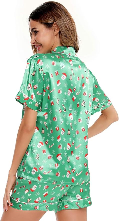 SWOMOG Womens Silk Satin Pajamas Set Short Sleeve Sleepwear Button Down Top and Shorts Loungewear 2 Piece Pjs Set XS-3XL