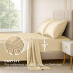 Satin Sheets Full [4-Piece, Ivory] Hotel Luxury Silky Bed Sheets - Extra Soft 1800 Microfiber Sheet Set, Wrinkle, Fade, Stain Resistant - Deep Pocket Fitted Sheet, Flat Sheet, Pillow Cases