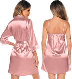 SWOMOG Women's Satin Robe Set 2 Piece Sexy Pajamas Sets Lace Cami Nightgown and Silk Robes Nightwear