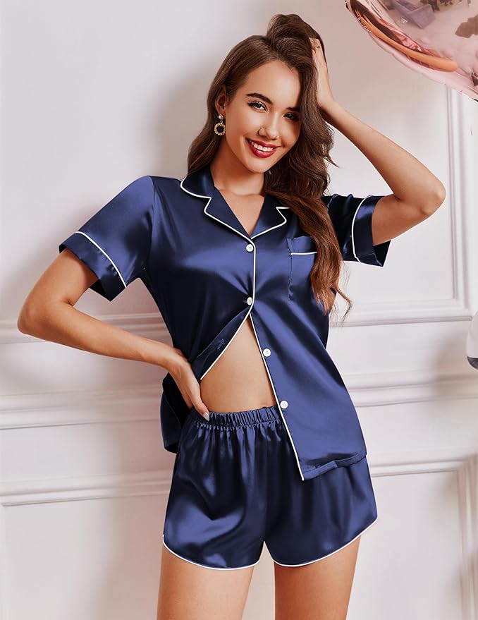 Ekouaer Womens Silk Satin Pajamas Short Sleeve PJS Shorts Set Soft Button Down Sleepwear 2 Piece Loungewear S-5XL