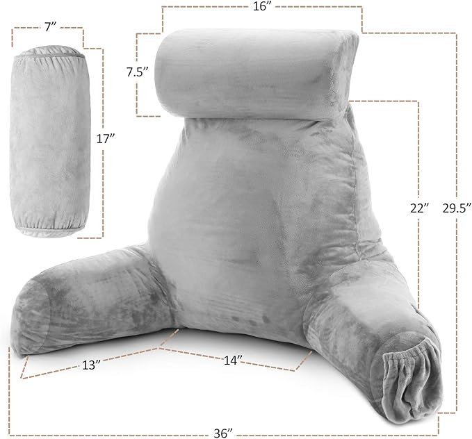 Clara Clark Reading Pillow with Shredded Memory Foam Includes 2 Neck and Lumber Support Pillows, Designed for Sitting Up in Bed and Couch Back and Arms Adjustable Support for Adults & Teens Light Grey