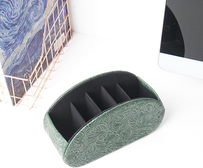 QIELIZI Remote Control Holder, PU Leather Remote Caddy Desktop Organizer with 5 Spacious Compartments for TV Remotes/Media Controllers/Office Supplies (1-Carved3 Green1