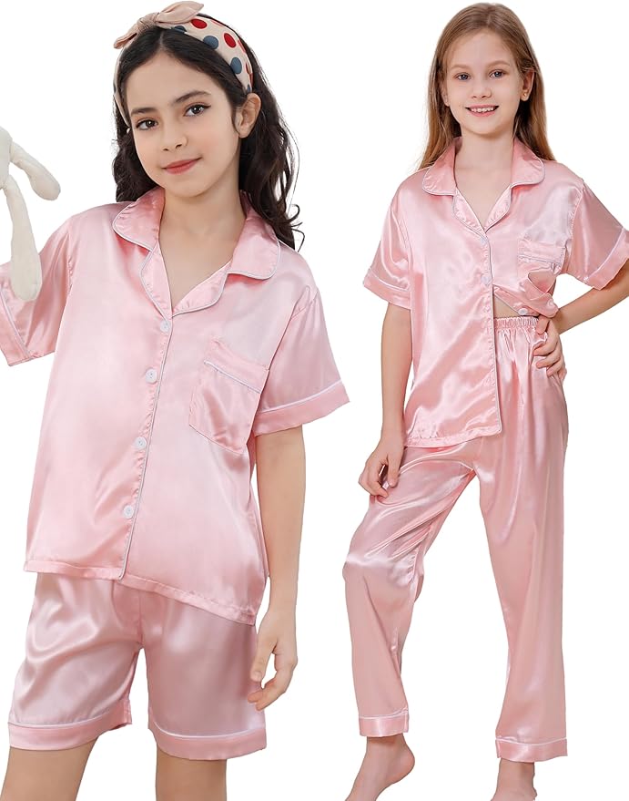 DIPUG 3 Piece Girls Silk Pajamas Set Soft Satin PJs Sleepwear for Comfortable Nights