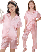 DIPUG 3 Piece Girls Silk Pajamas Set Soft Satin PJs Sleepwear for Comfortable Nights
