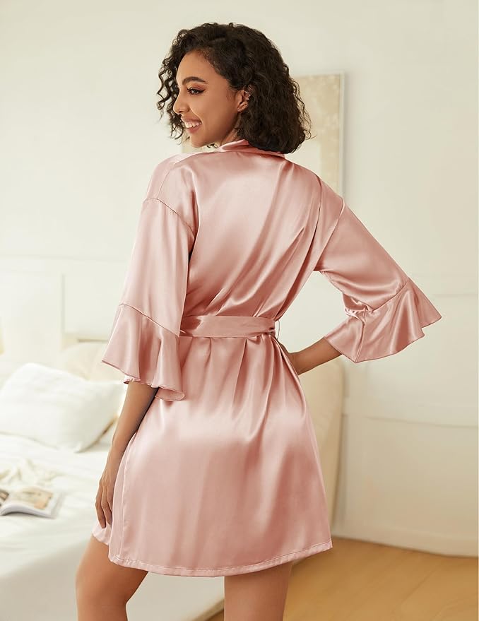 Ekouaer Women's Silk Robe Set V-neck 2 Piece Bridal Party Robes and Satin Bathrobe Set with Pockets
