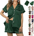 WJing Yi Jia Womens 3Pcs Floral Pajamas Sets Silk Satin Sleepwear XS~4XL Button Down Short Sleeve Shirt Pjs Loungewear