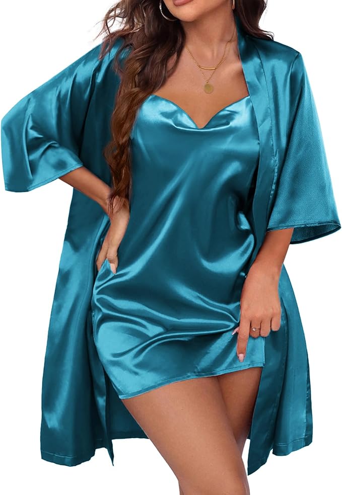 Ekouaer Women's Satin Robe Set Nightgown with Robes Silk Pajama Set 2 Pieces Lingerie Cowl Neck Cami Sleepwear Sets