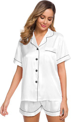SWOMOG Womens Silk Satin Pajamas Set Short Sleeve Sleepwear Button Down Top and Shorts Loungewear 2 Piece Pjs Set XS-3XL
