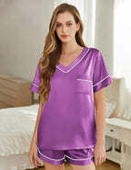 Silk Pajamas for Women Short Sleeve Satin 2 Piece Pj Set Soft V Neck Sleepwear Loungewear, S-XXL