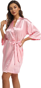 Women's Pure Short Kimono Robes Bride Bridesmaids Silky Bathrobe Lightweight Satin Sleepwear